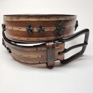 Post & Co Mens Handmade Italian Brown Leather Riveted Stars Belt SZ 34-36